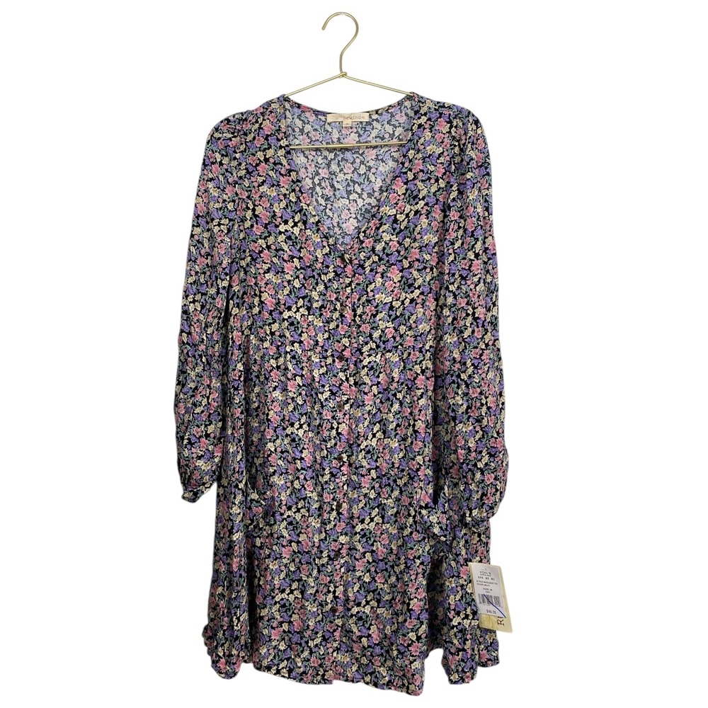 Rewind Floral Print Long Sleeve V Neck Mini Dress‎ Casual Black Multi M 600
